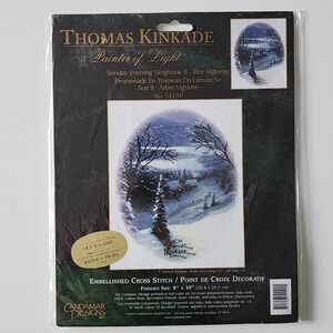THOMAS KINKADE Printed Cross Stitch Kit Tree Winter Scene Snow Needlepoint New
